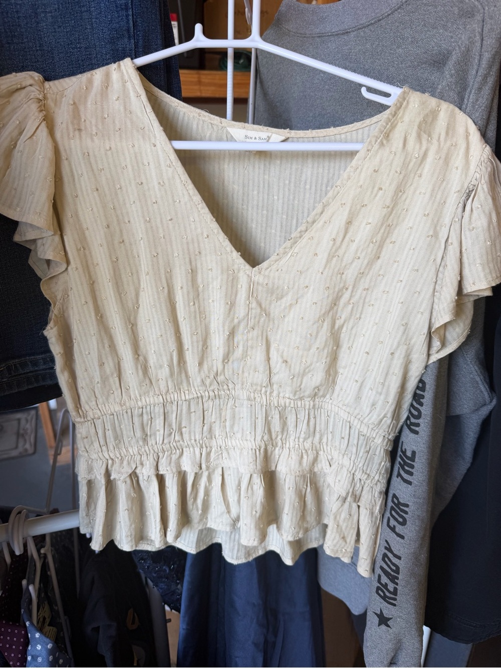 Cream Ruffled V-Neck Women's Top